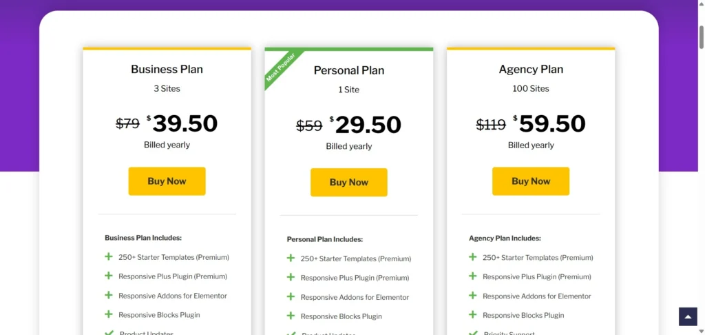 Cyberchimps Responsive theme pricing plans