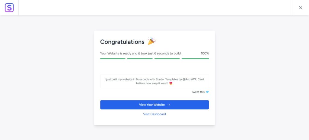 Template import completion screen